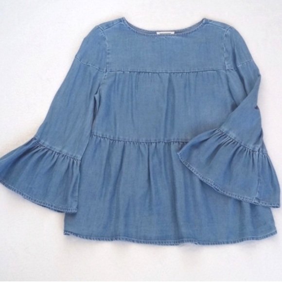 beachlunchlounge Women's Chambray Denim Blue 3/4 Bell Sleeve Lyocell Top S/P - Picture 6 of 10